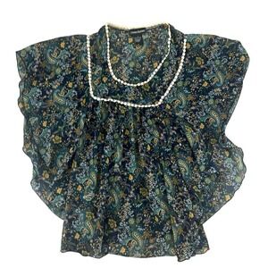 Cotton Express Paisley Sheer Flutter Sleeve Blouse Womens Large Boho Top